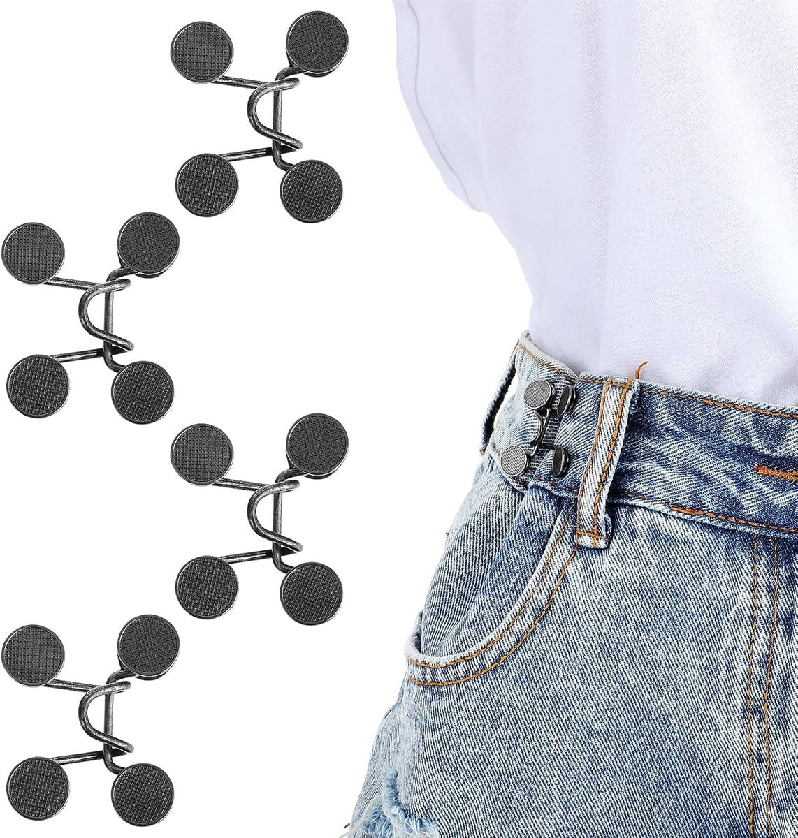 Waistband reinforcement clip - Set of 4 pieces - Adjustable belt buckle without rivets - Jeans button pin - Detachable waist buckle - Jeans waistband reinforcer - Trouser reinforcement button