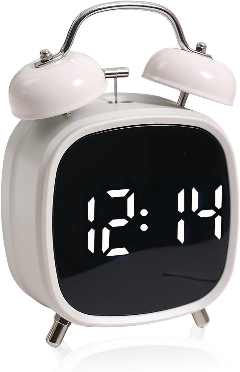 Alarm clock with double bell - Loud and creative alarm clock - Adjustable brightness in three levels - Small battery-operated digital alarm clock - Suitable for living room, bedroom, and study (white)
