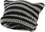 Fairy-like retro knitted hat, cat hat, striped loose crochet hat, warm knitted alternative headwear accessory for winter.