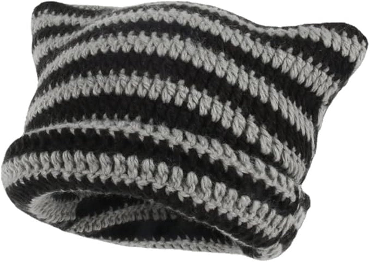 Fairy-like retro knitted hat, cat hat, striped loose crochet hat, warm knitted alternative headwear accessory for winter.