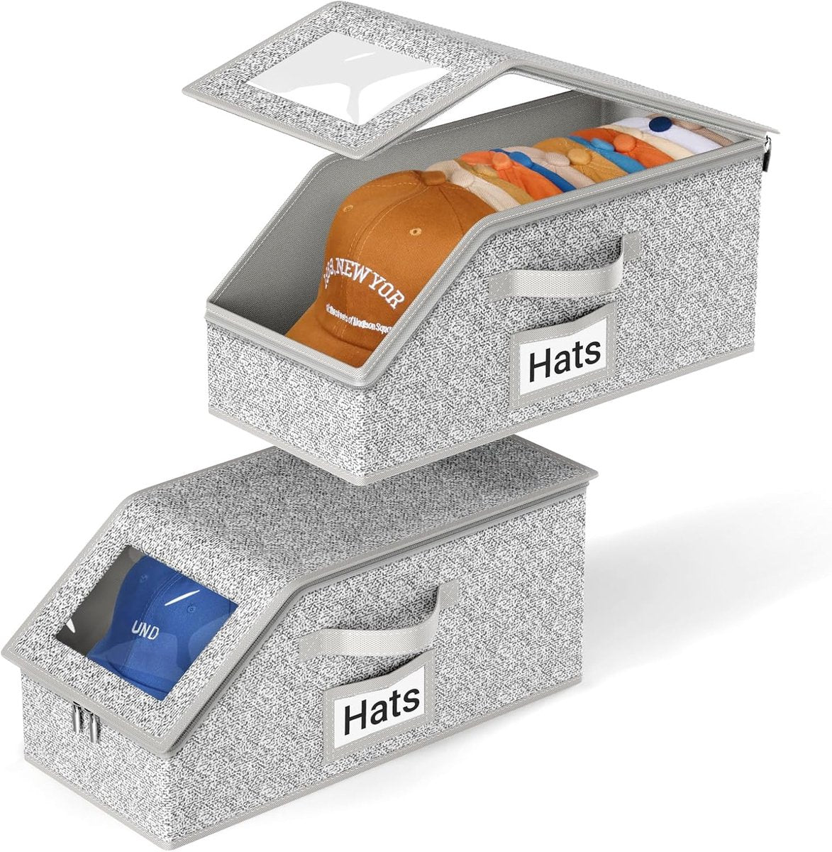 2-Pack Storage Boxes for Caps - Storage Solution for Up to 24 Baseball Caps - Stackable 2-in-1 Hat Box