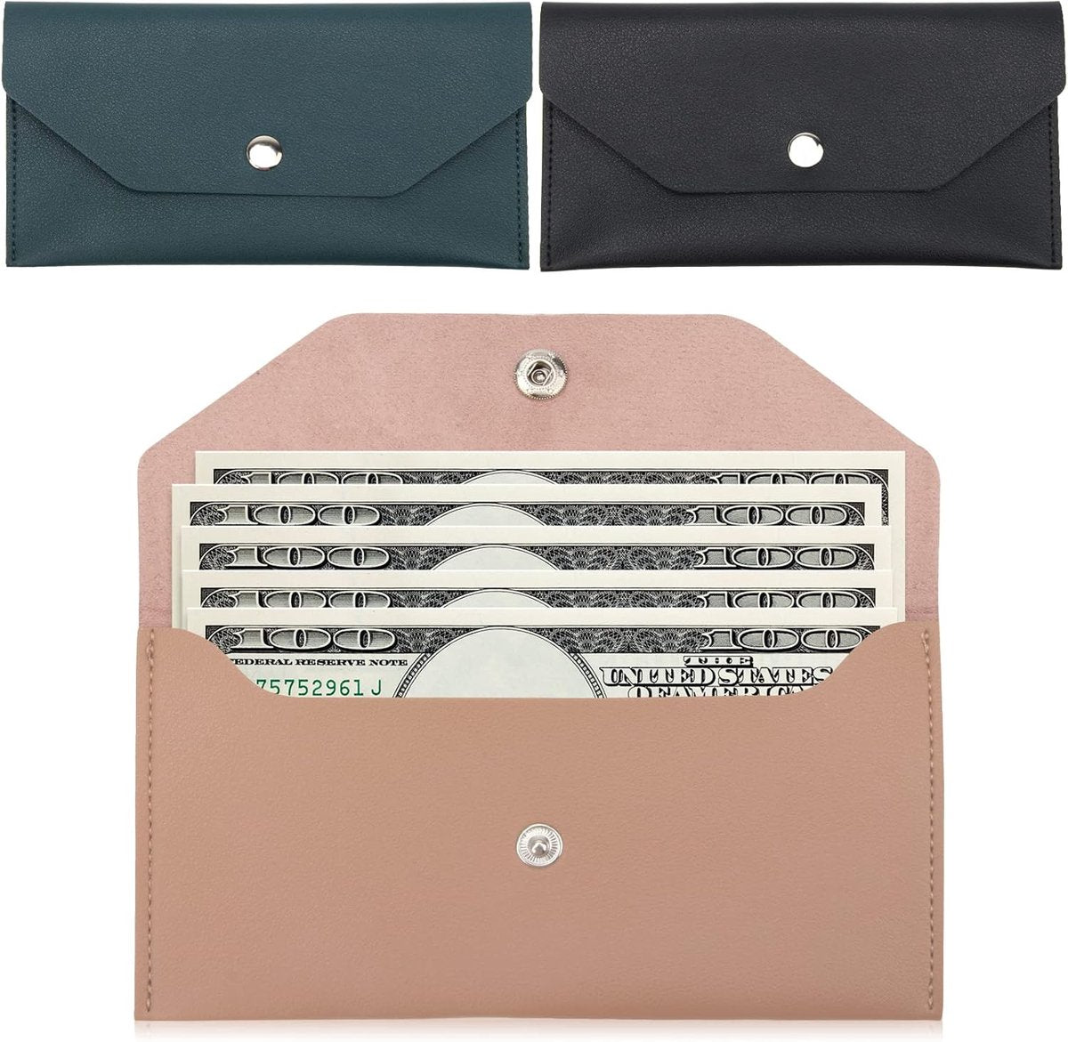 PU leather money envelope bag - 3 reusable budget envelopes for spring festivals, weddings, birthdays, graduations, and holidays (black, pink, dark blue)