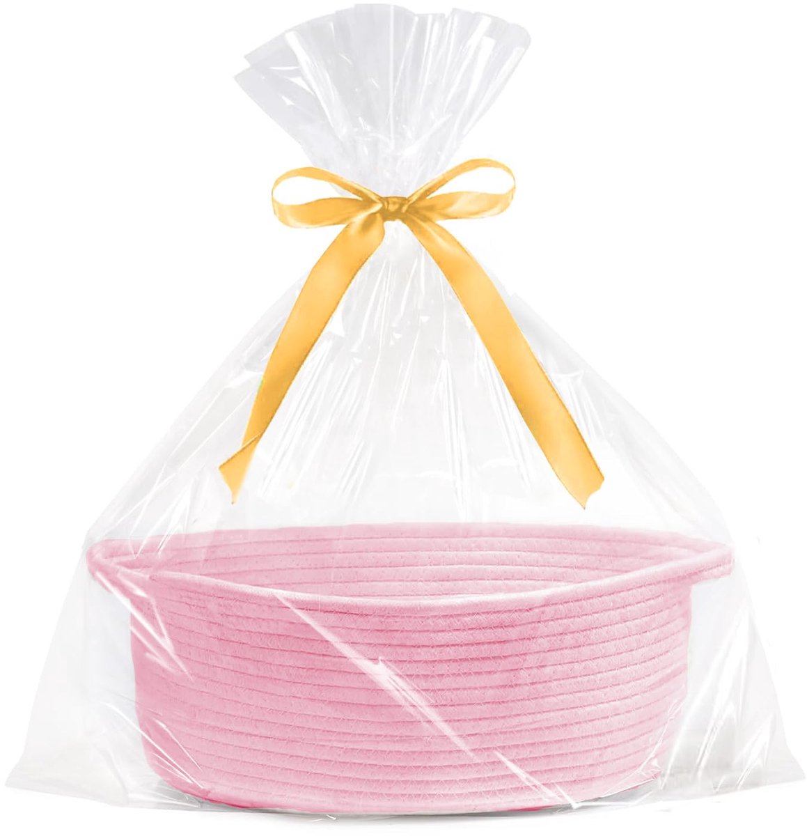 Gift basket with gift bag and ribbons - Small woven rope storage shelf - Empty gift baskets - Decorative birthday party storage box for cat, dog, pet with handles (pink)