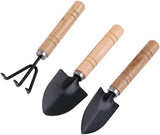 3-Piece Garden Tool Set - Wooden Handle Design - Garden Trowel, Rake and Soil Shovel - For Pots and Plants