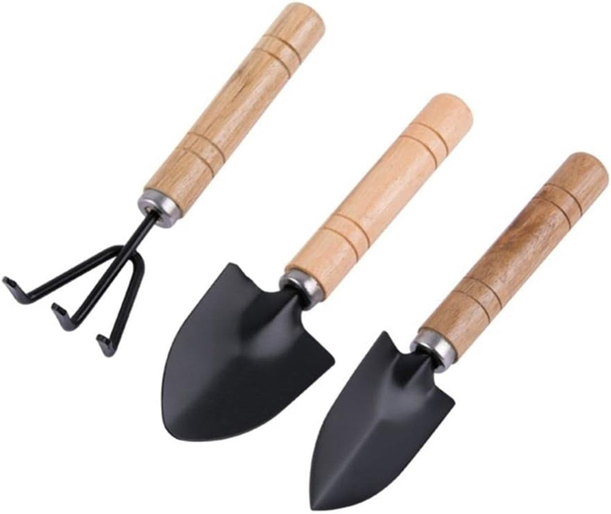 3-Piece Garden Tool Set - Wooden Handle Design - Garden Trowel, Rake and Soil Shovel - For Pots and Plants