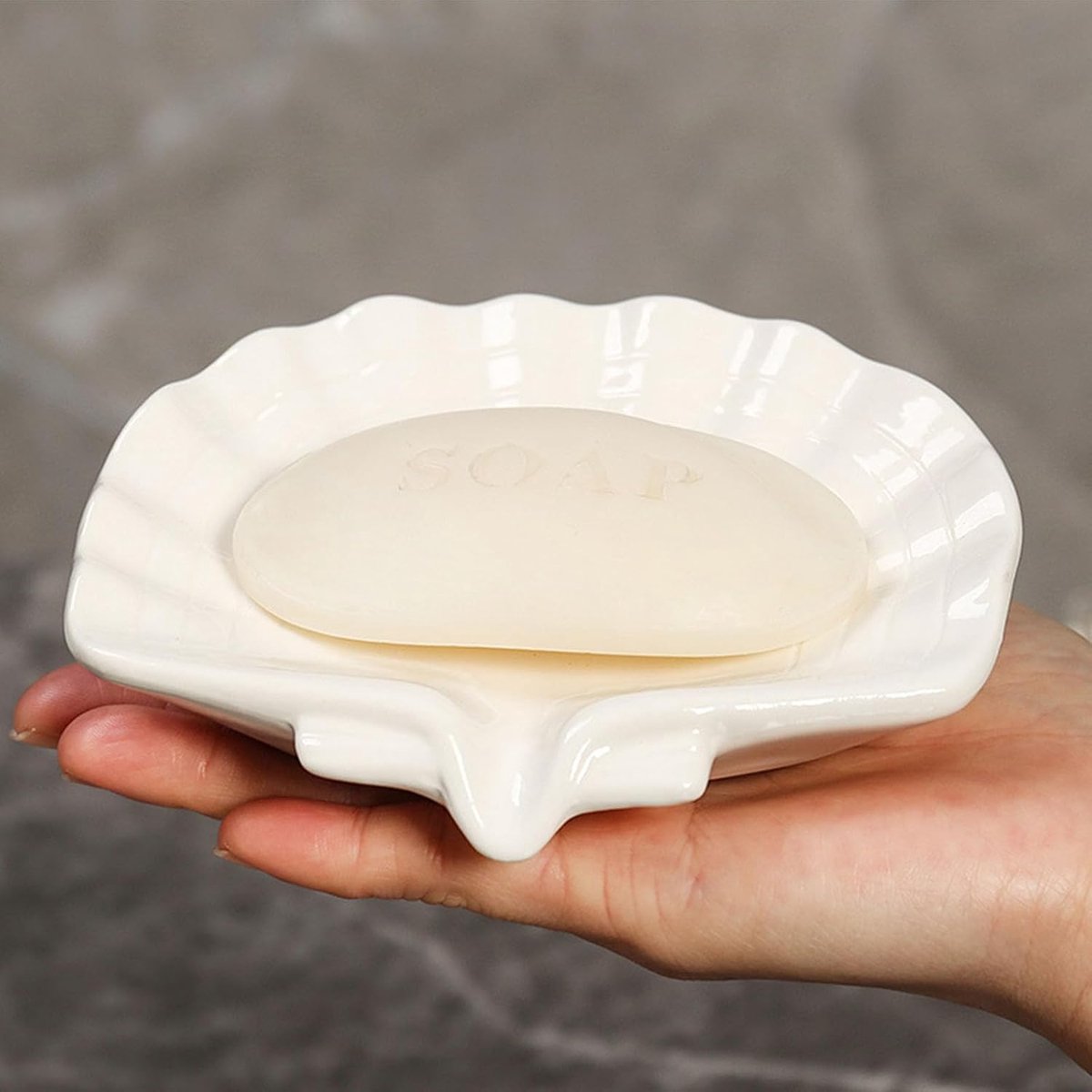 Ceramic Soap Holder - Sea-Shell Soap Tray with Self-Draining - Soap Holder - Soap Box - Small Soap Dish - 1 Piece White