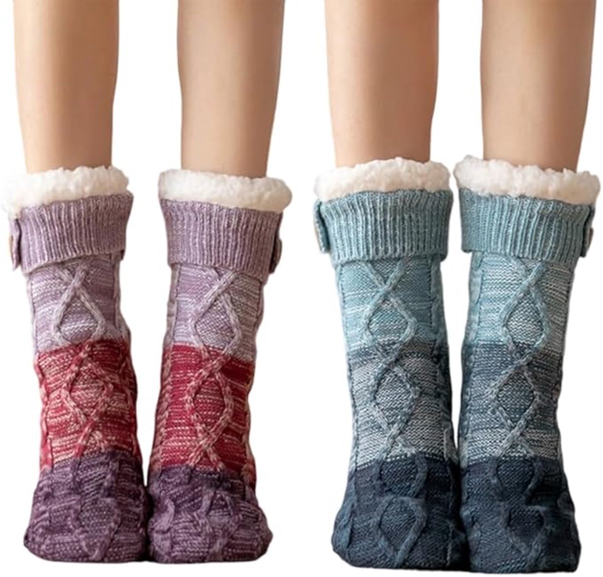 Two pairs of knitted fleece socks for women - warm, comfortable, soft and fluffy sleep socks for winter