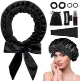 Heat-free hair curlers - Curling rollers - curling set - Blow-dry effect without heat overnight - Soft cap and sleepy bow design - Comfortable curls while you sleep for long hair - black