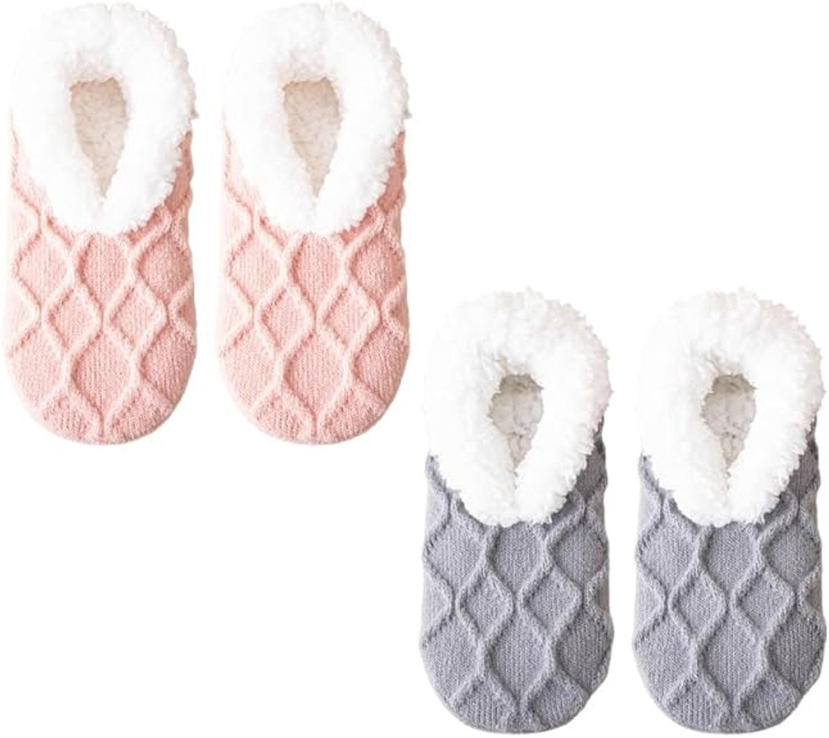 Women's Thermal Socks - Fleece Lined - Non-slip Bottom - Elastic Cuff - Bedroom & Living Room (Pink + Grey)