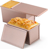 2-pack Pullman loaf pan with lid - 1 pound bread baking pan - non-stick coating for homemade sourdough bread - toast box - sturdy corrugated baking pans with lid - rose gold