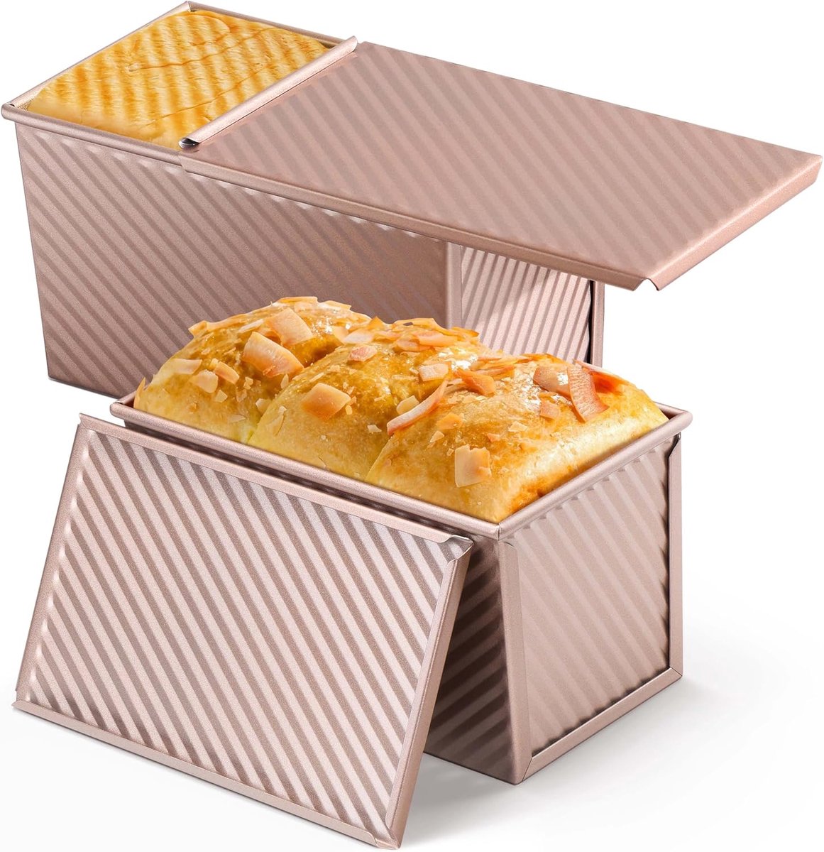 2-pack Pullman loaf pan with lid - 1 pound bread baking pan - non-stick coating for homemade sourdough bread - toast box - sturdy corrugated baking pans with lid - rose gold
