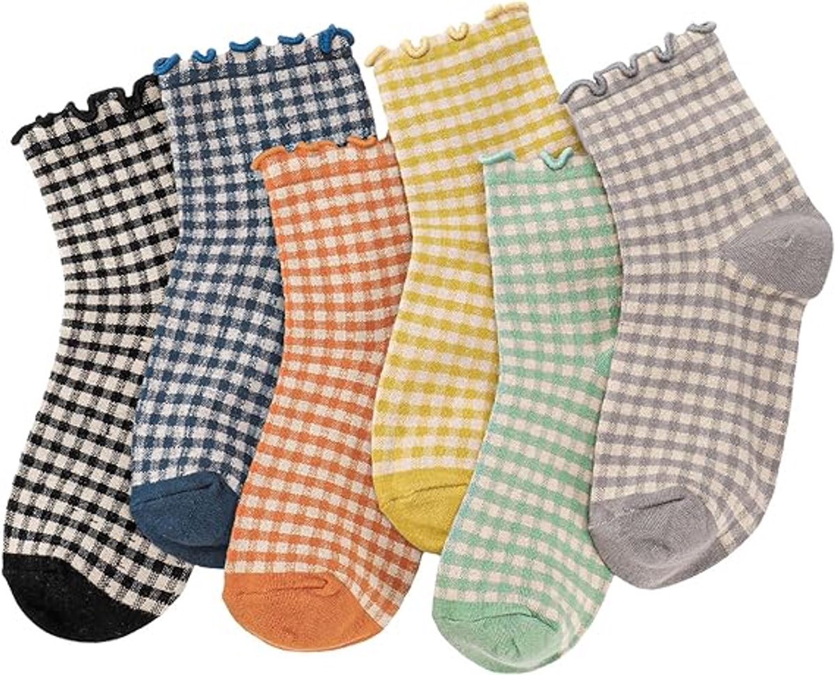 Frilly Socks - cute checked ankle socks for women - cotton knitted casual crew socks