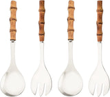 Cutlery set - including spoon and fork - made of 304 stainless steel - with natural bamboo handles, 25 cm long - suitable for kitchens, parties, buffets, etc. - 4 pieces in total / 2 of each