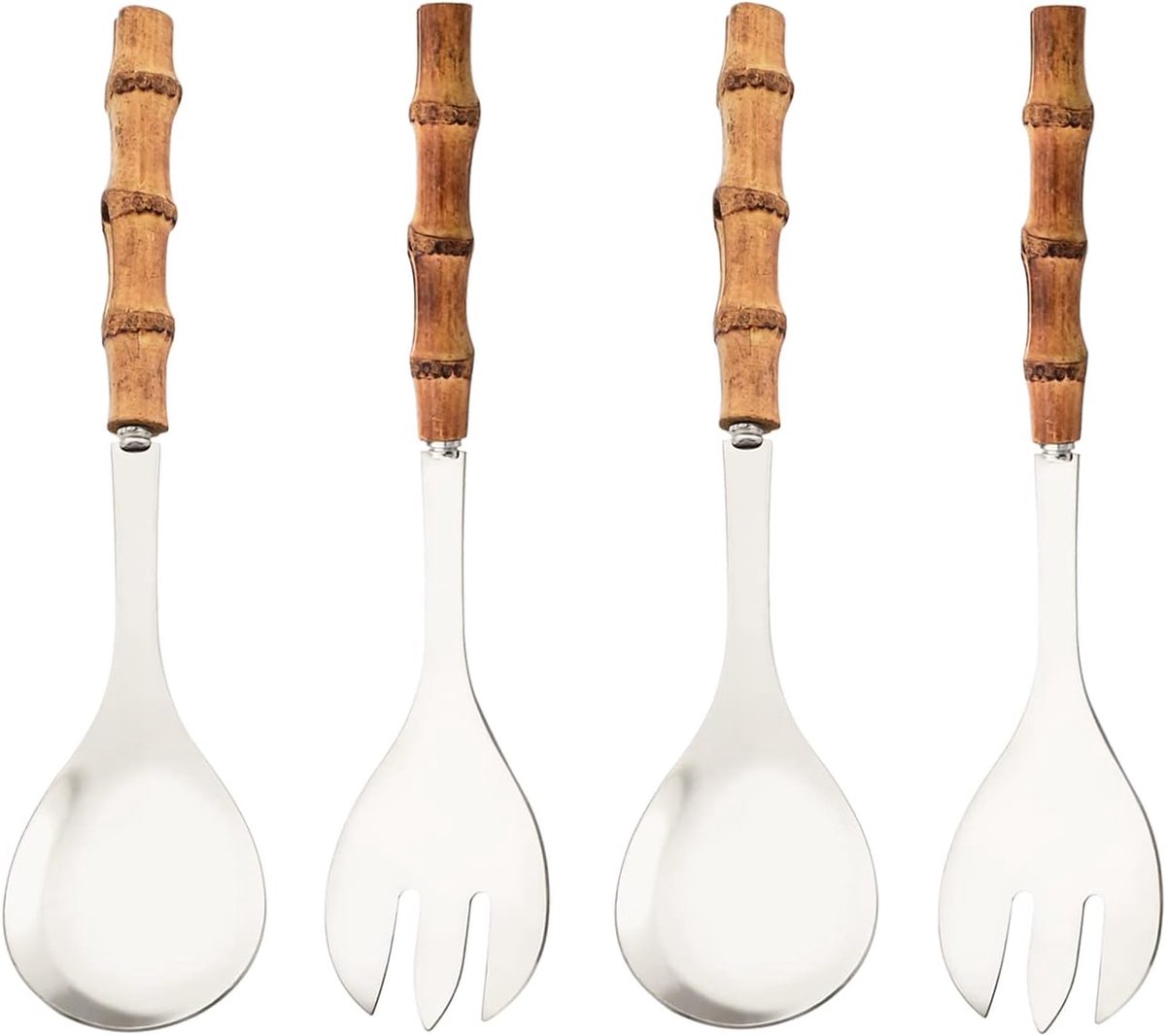 Cutlery set - including spoon and fork - made of 304 stainless steel - with natural bamboo handles, 25 cm long - suitable for kitchens, parties, buffets, etc. - 4 pieces in total / 2 of each