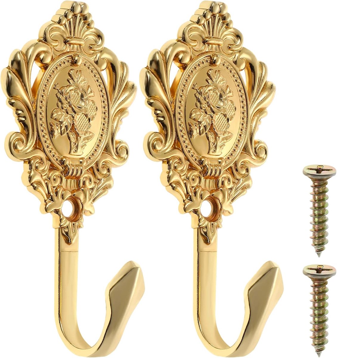 2-pack vintage curtain holders, bow hooks and rose pattern (gold-colored)