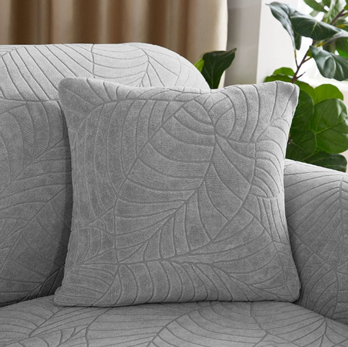 Waterproof cushion cover 45x45 - set of 2 cushion covers - Light grey jacquard leaf pattern