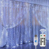 Curtain lights, Christmas lights - 300 LEDs, 8 light modes, copper string lights with remote control, USB powered and waterproof for Christmas, bedroom, party, wedding, home, garden, wall decorations, cool white