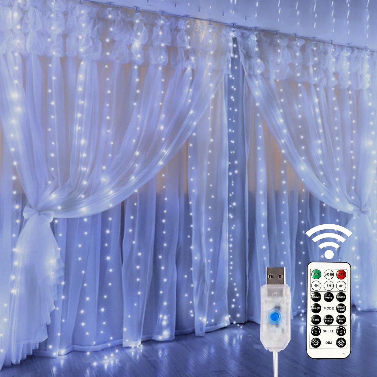Curtain lights, Christmas lights - 300 LEDs, 8 light modes, copper string lights with remote control, USB powered and waterproof for Christmas, bedroom, party, wedding, home, garden, wall decorations, cool white