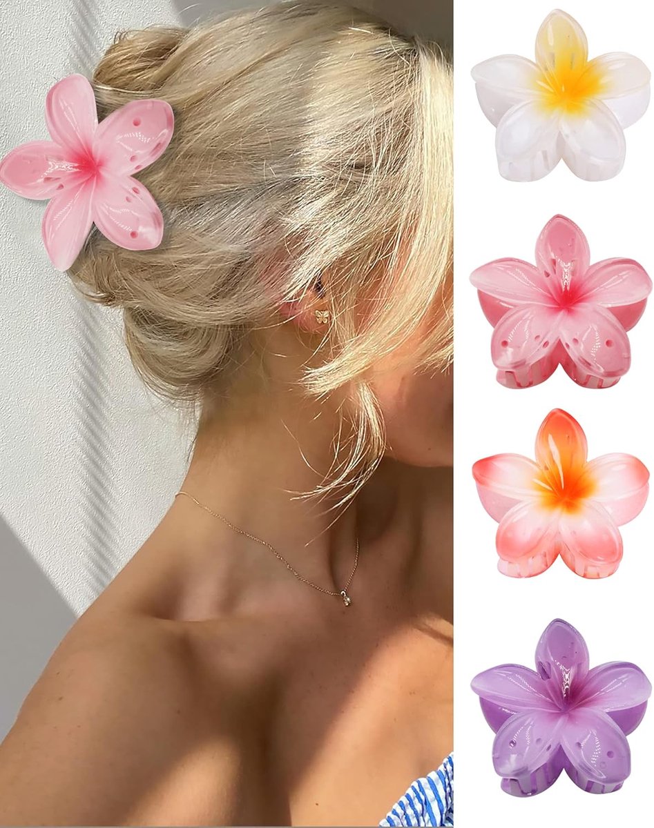 Floral hair clips - Pack of 4 - Suitable for thick hair - Strong non-slip - Hawaiian style - Cute large hair clips - Banana clips for fine hair - Hair accessory as a gift for ladies and girls during the holidays