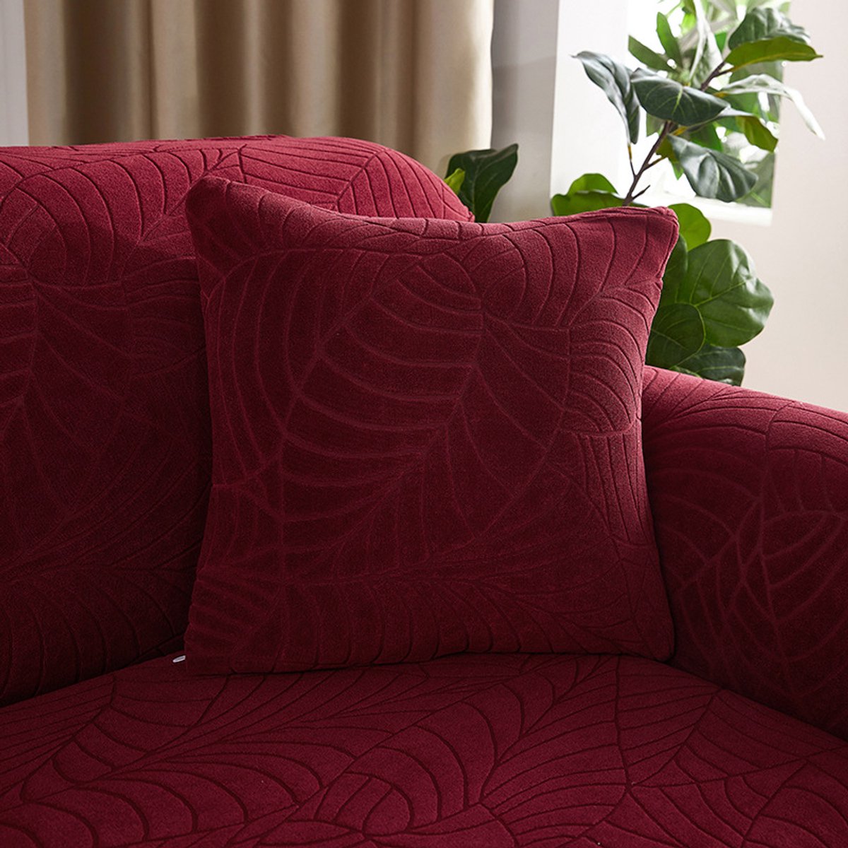 Waterproof cushion cover 45x45 - Set of 2 cushion covers - Wine red jacquard leaf pattern