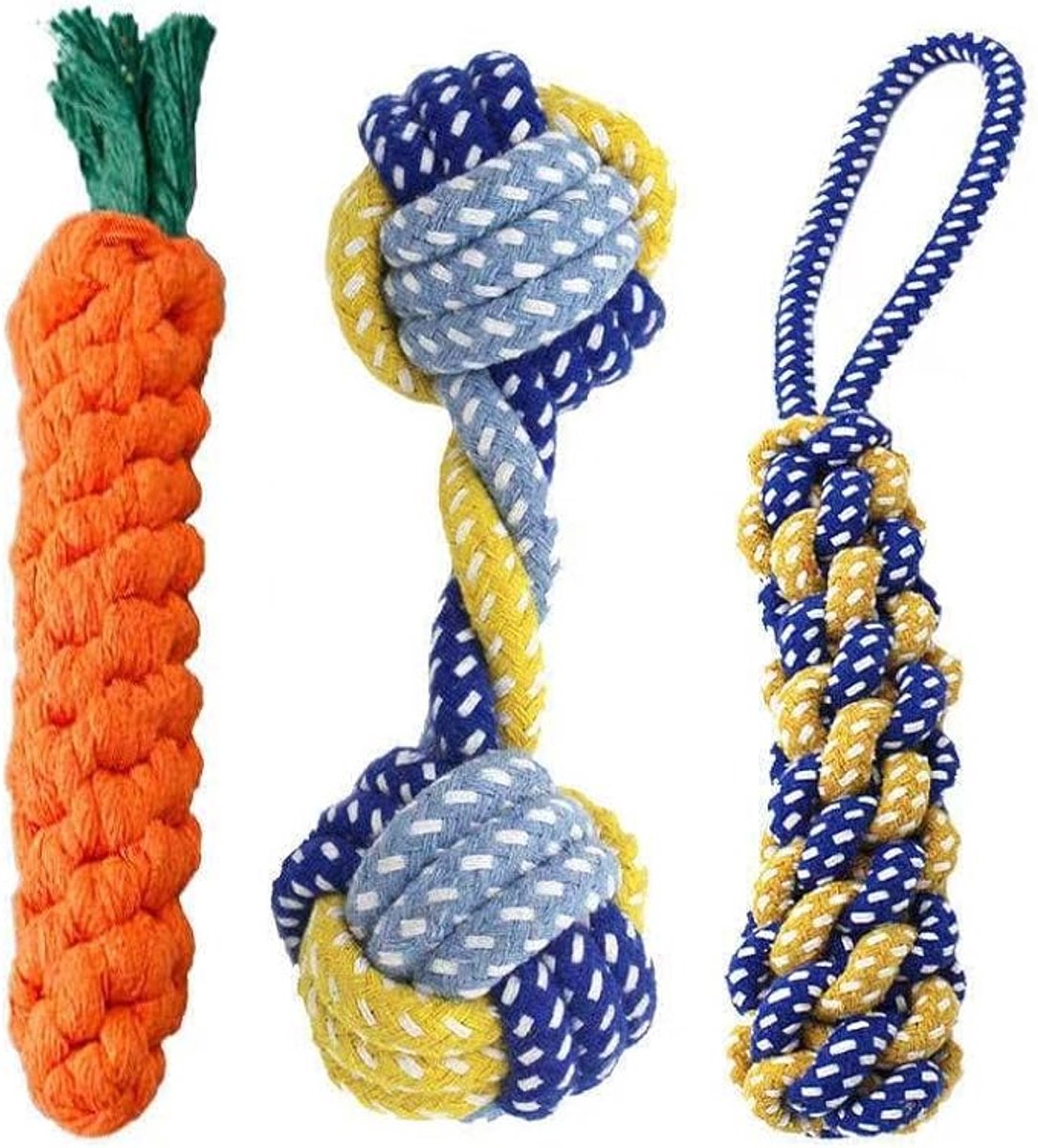 Dog toy - Cleans teeth - Knot & Carrot design - Durable braided cotton rope - Break-resistant chew toy - Suitable for puppies