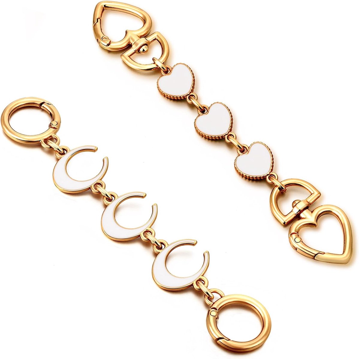 Bag strap 2-pack extension chains for bags - heart and moon pattern - shoulder strap extension for handbag - gold chain - white bag accessories - bag charms - materials for making handbags