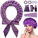 Heat-free hair curlers -Curling rollers- curling set- Blow-dry effect without heat overnight - Soft cap and sleepy bow design - Comfortable curls while you sleep for long hair-Purple