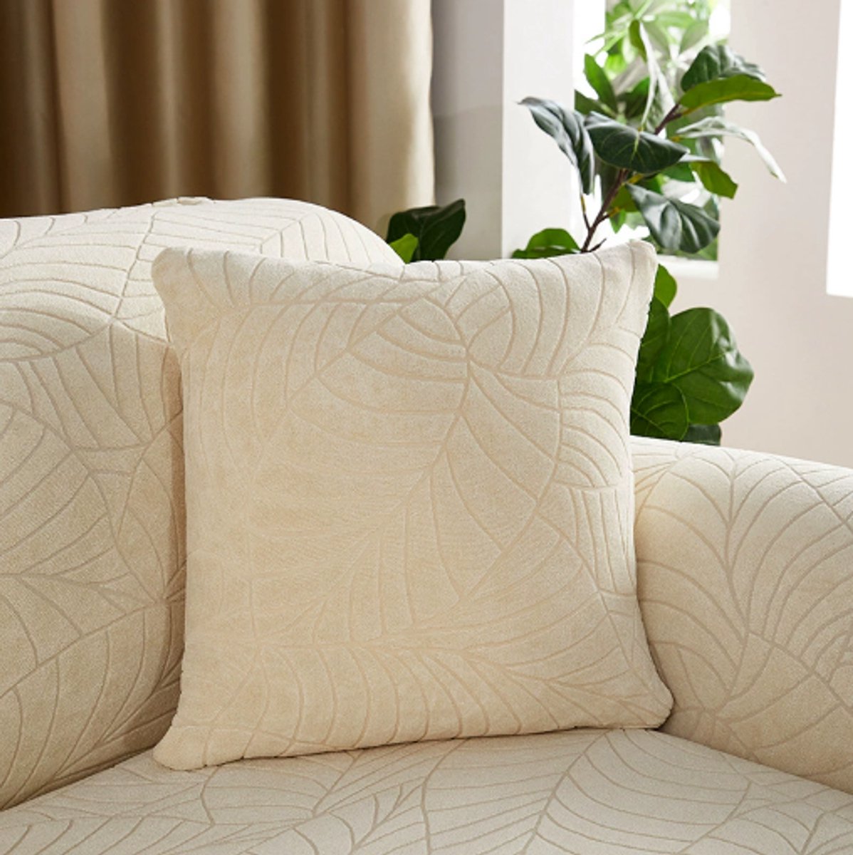 Waterproof cushion cover 45x45 - Set of 2 cushion covers - Beige jacquard leaf pattern