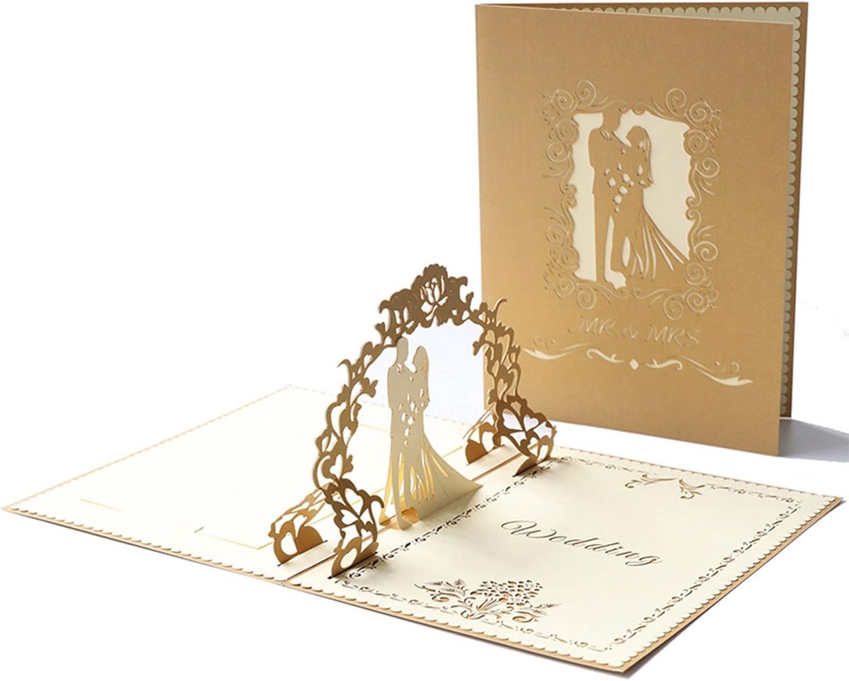 3D Pop-Up Wedding Card - Comes with a high-quality envelope - Suitable for wedding anniversaries, wedding gifts, birthdays, and wedding invitations (Gold)