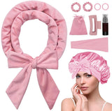 Heat-free hair curlers -Curling rollers- curling set- Blow-dry effect without heat overnight -Soft cap and sleepy bow design -Comfortable curls while you sleep for long hair- pink