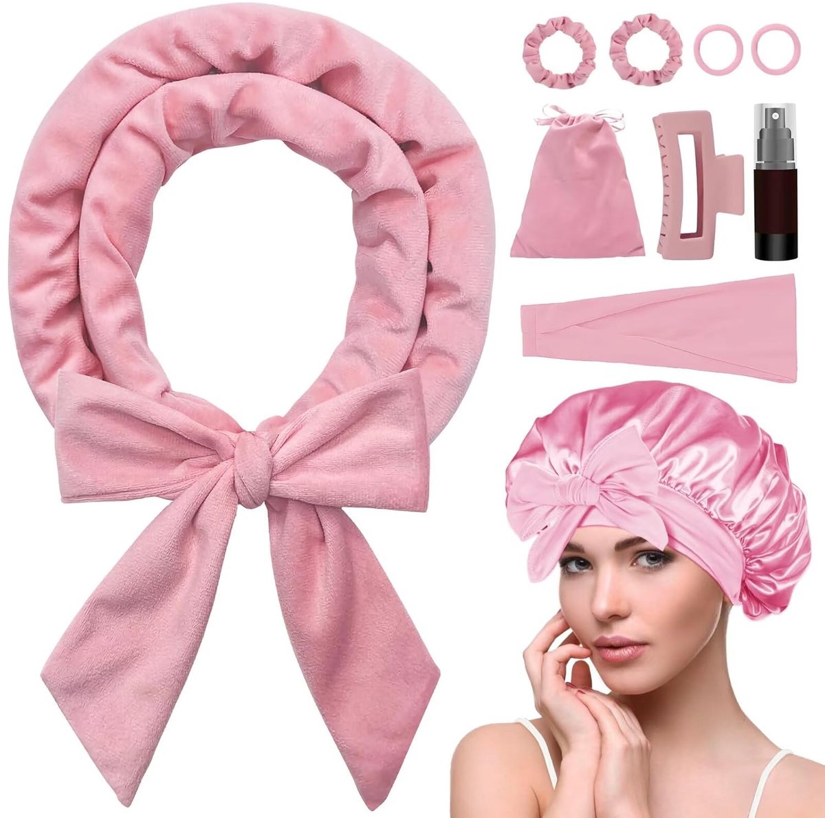 Heat-free hair curlers -Curling rollers- curling set- Blow-dry effect without heat overnight -Soft cap and sleepy bow design -Comfortable curls while you sleep for long hair- pink