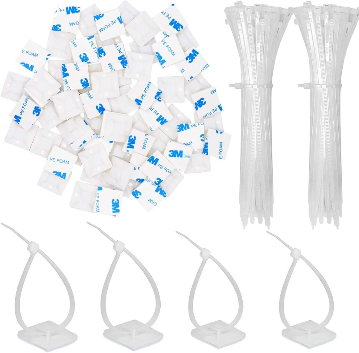 100 pieces 25 mm × 25 mm self-adhesive cable tie base holders (white)