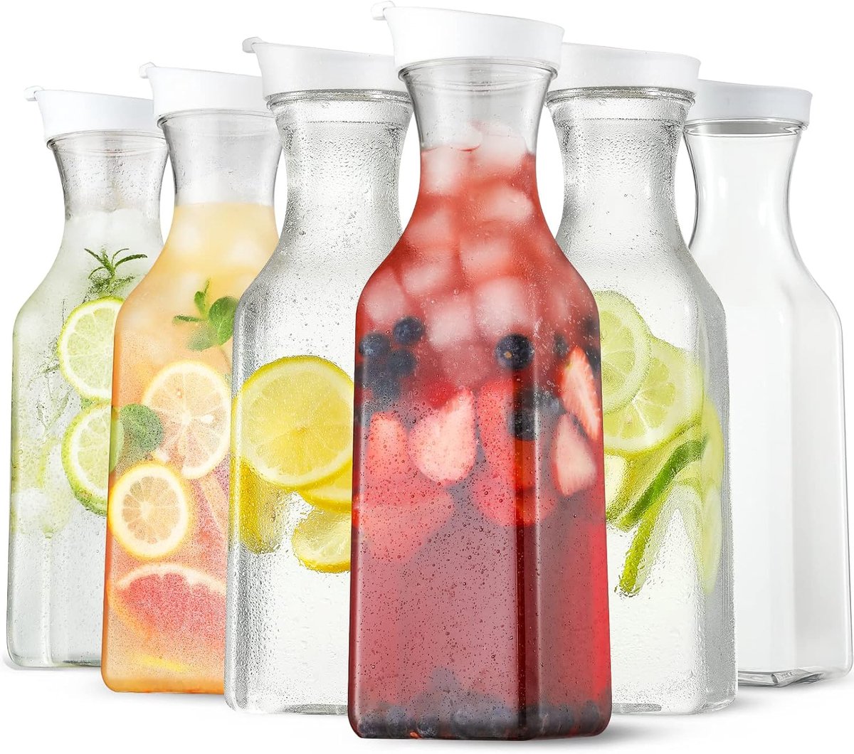 50 oz plastic water carafe with flip lid, set of 3 square plastic juice pitchers with clear bottom - for water, iced tea, juice, liquor, lemonade, milk and mimosa bar - HAND WASH ONLY