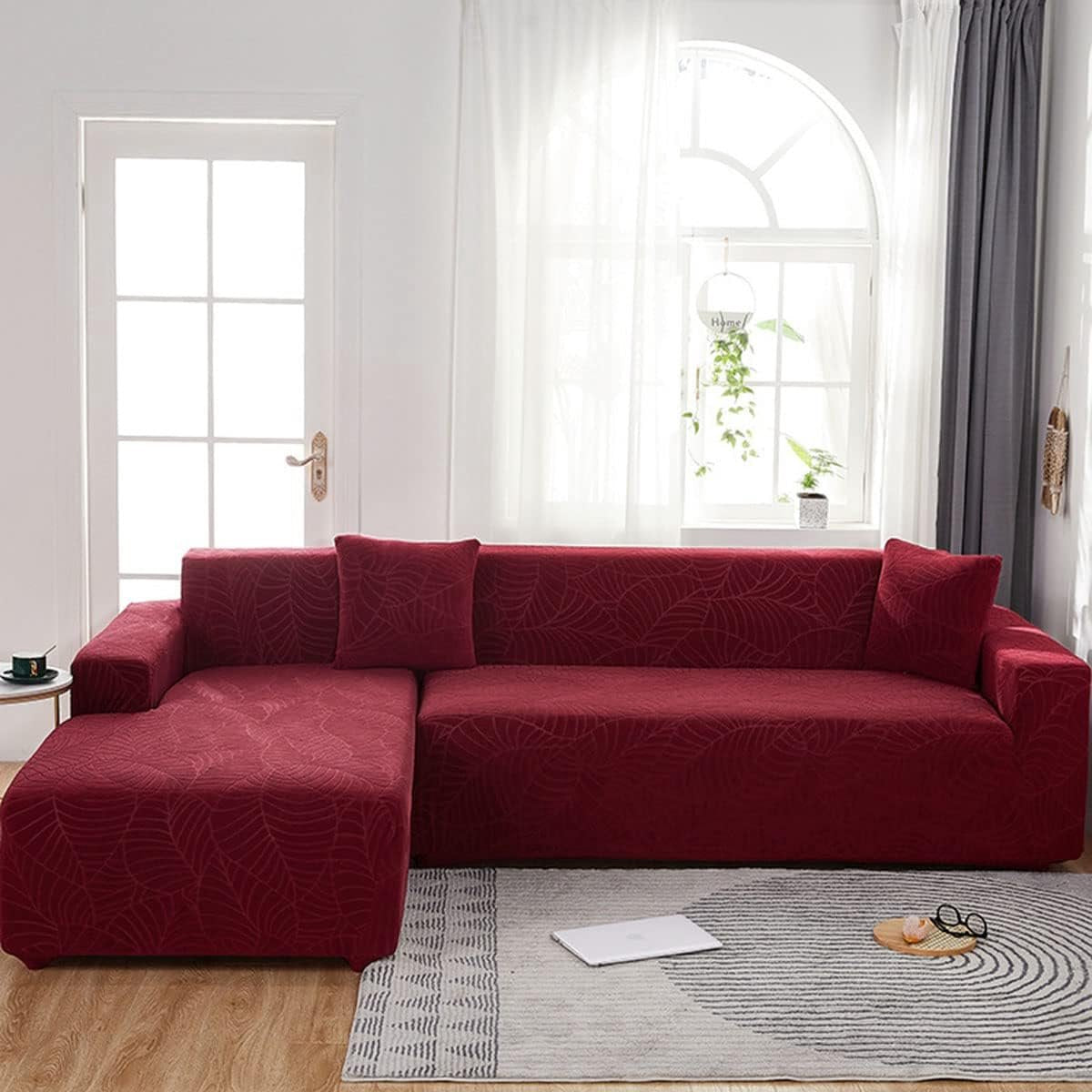 Waterproof sofa cover - Wine red jacquard leaf pattern - For 4-seater sofa (235-300 cm)