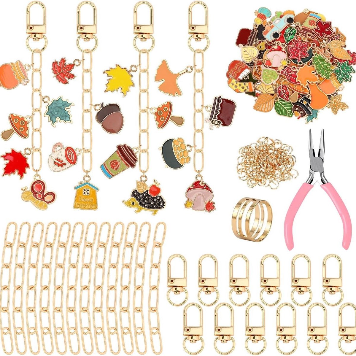 Autumn keychain making set - 60 autumn charms & 12 clips - plus accessories