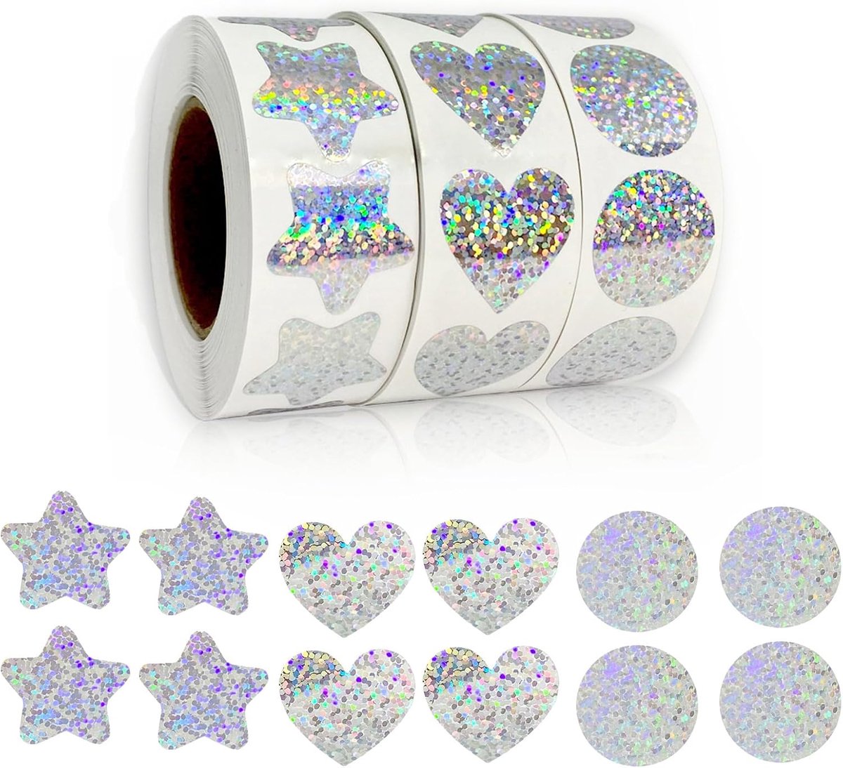 Sticker roll - Holographic glitter sticker roll - 1500 sheets - Star/heart/circle patterns - Colorful self-adhesive stickers - Suitable for craft projects, scrapbooking, Christmas gift wrapping, laptop and water bottle decoration.