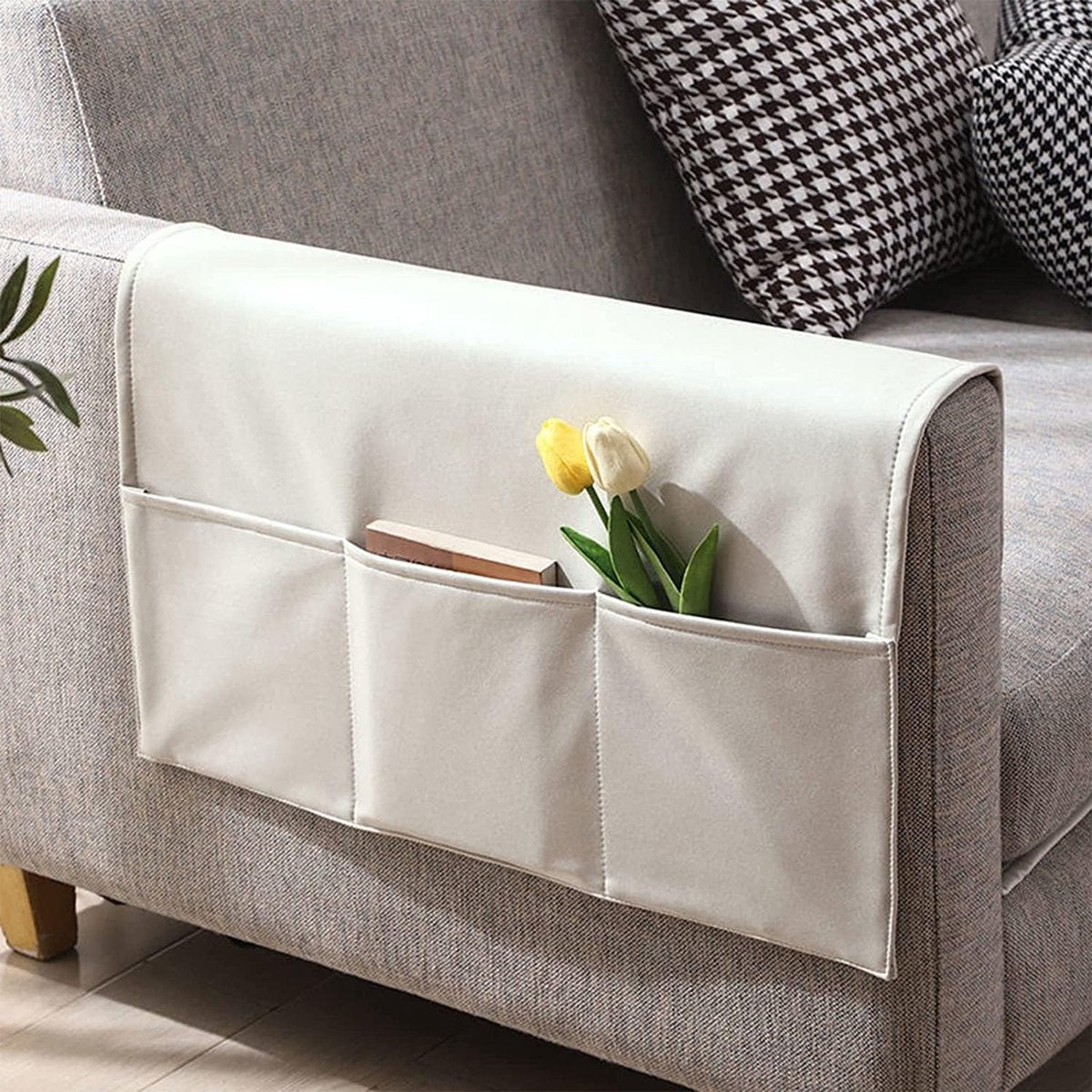 Sofa Armrest Storage - 5 Compartments - Reinforced Tech Fabric - Remote Control Holder - White (70*110CM)