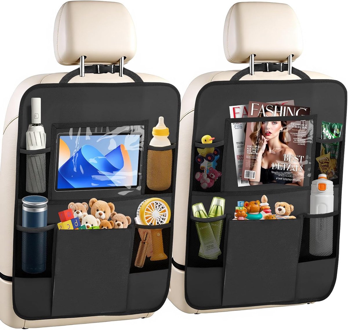 Two-pack storage bags for the car back seat - with touchscreen tablet holder - 6 storage bags - protective cushions - car seat covers - children's travel accessories