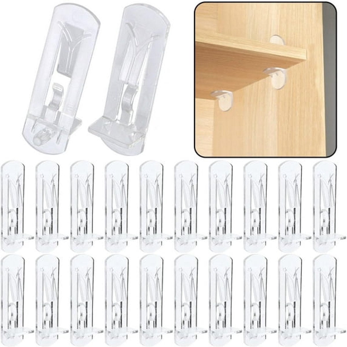 Support nails - 20 plastic shelf support nails with snap closure - 6 mm shelf nails - self-locking bracket clips - transparent shelf nails - suitable for kitchen cabinets, furniture, and bookshelves - 6 mm nails x 5/8 inch thick shelves