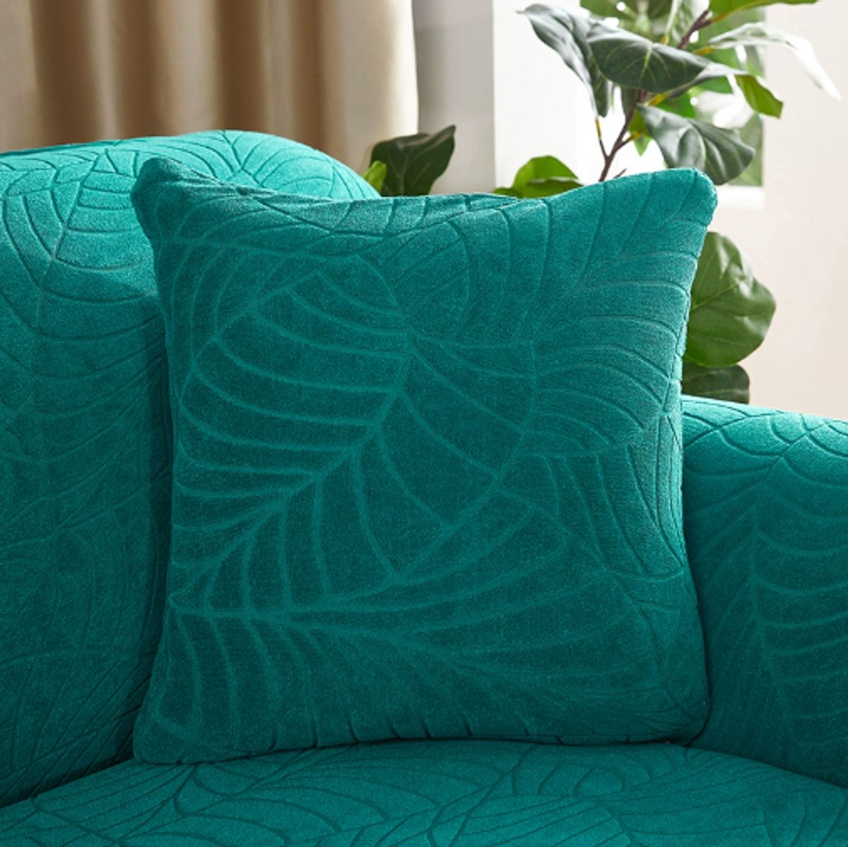 Waterproof cushion cover 45x45 - Set of 2 cushion covers - Bright green jacquard leaf pattern