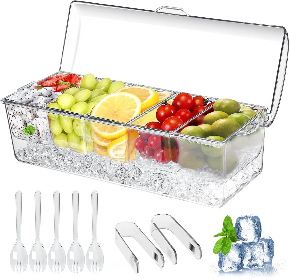 Large ice-cooled condiment holder - Chilled condiment holders - with lids for 5 removable compartments (2.5 cups) - Serving bowls, fruit and garnish bowl - for party supplies and bar accessories