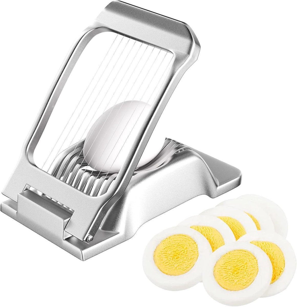 Professional aluminum egg slicer - sturdy and durable - can slice boiled eggs - dishwasher safe - independent and stable tension - suitable for slicing eggs, kiwis, strawberries, and other soft fruits.