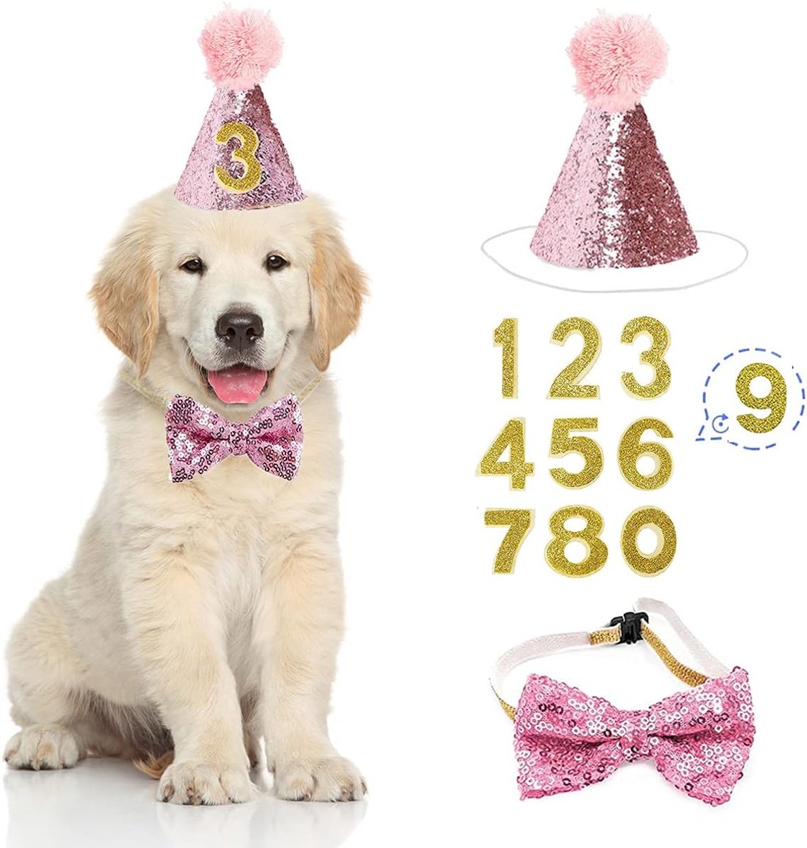 Birthday hats for dogs/cats - Party hat set for dogs - Includes bow tie and blue number - Suitable as decoration for a puppy or kitten - Clothing, headwear and accessories for pets, set of 3 (pink)