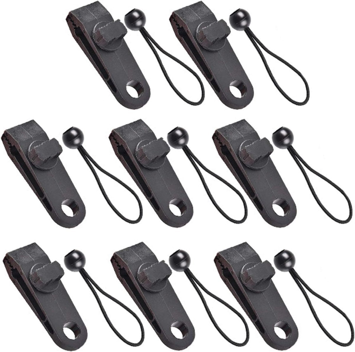 Tarp Clips & Bungee Cords 10-piece – Heavy Duty, for tents/banners (black)