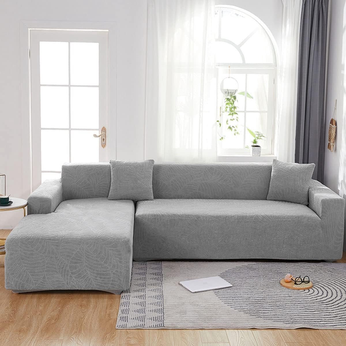 Waterproof sofa cover - Light grey jacquard leaf pattern - For single sofa (90-140 cm)