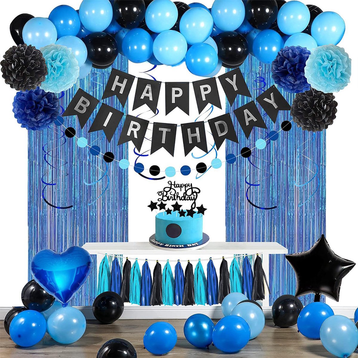 Blue-black birthday party decoration set - Banner & balloons