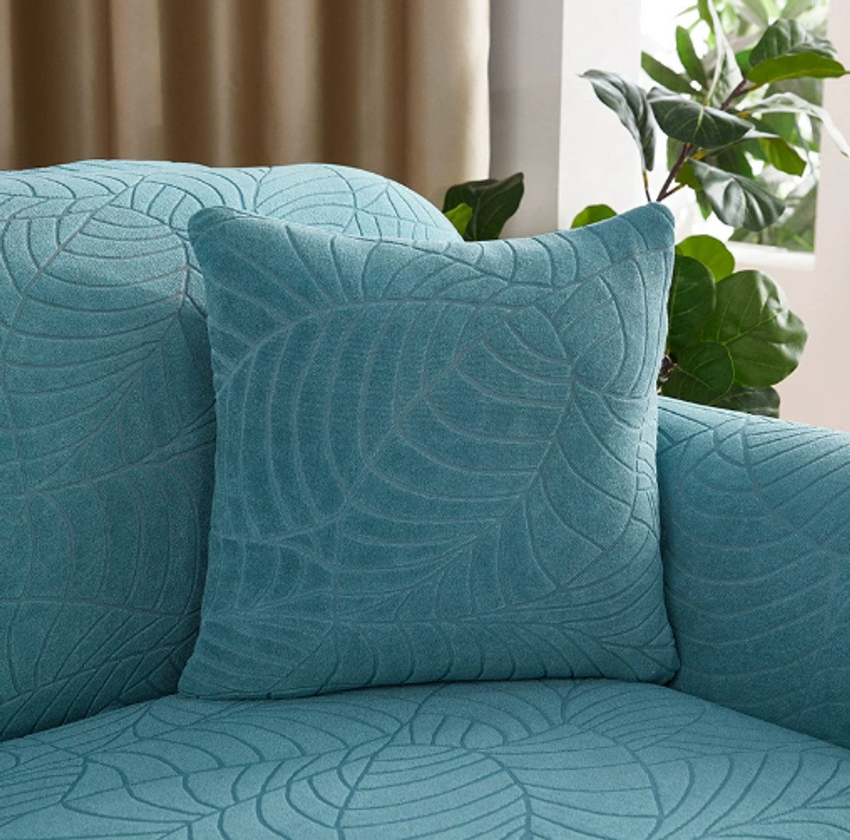 Waterproof cushion cover 45x45 - Set of 2 cushion covers - Bright blue jacquard leaf pattern
