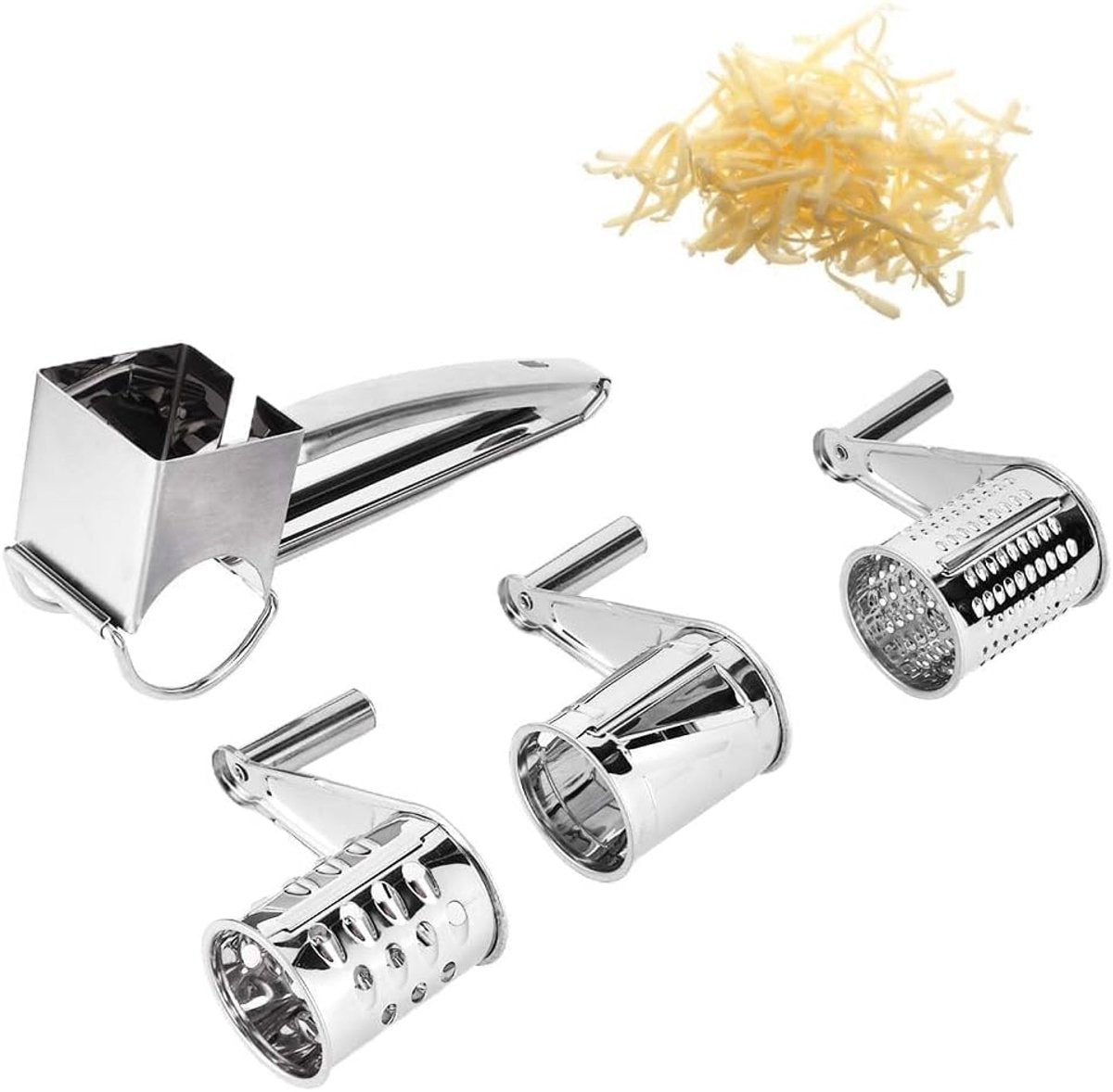Rotary cheese grater - Stainless steel cheese cutter - Slicer - Grater - With 3 roller blades - Handy design - Suitable for kitchens