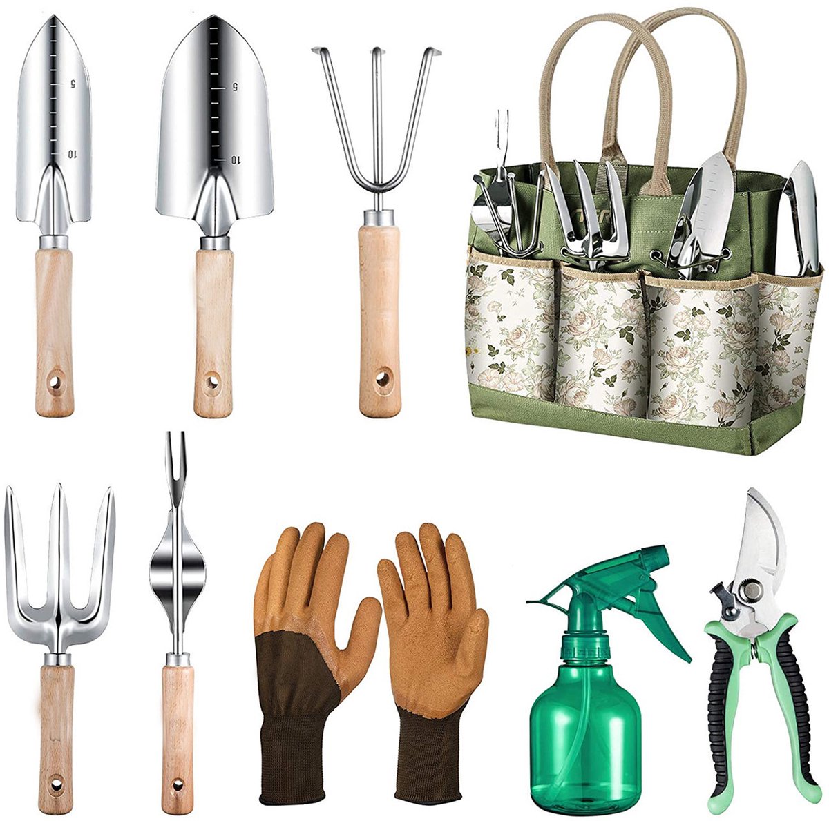 9-piece Garden Set – Stainless steel, wooden handles & watering can