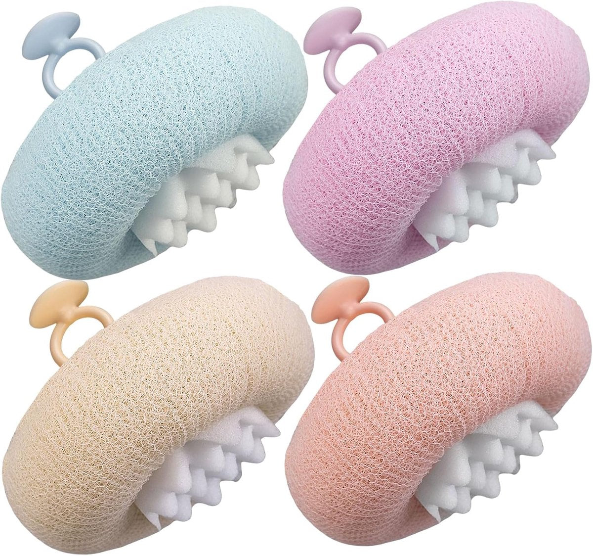 Cleaning Brush - 4-pack Newly improved 2-in-1 Sunflower Bath Ball - Ultra-soft Bath Sponge Cleaning Brush - Bath Ball with Suction Cup and Ring - Exfoliating Bath Sponge (Pink + Blue-Green + Beige + Purple)